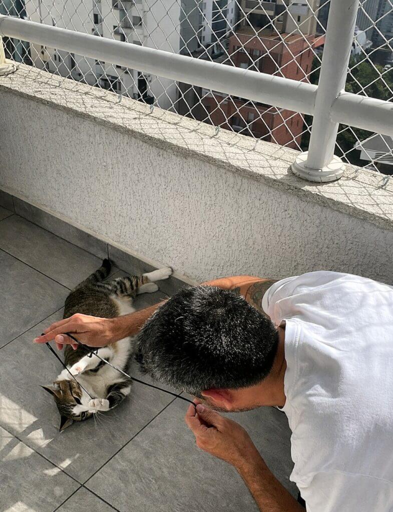 Cuidador de gatos em Santa Cecília realizando visita em apartamento com varanda protegida por tela