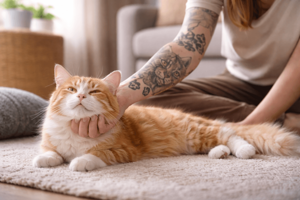 Gato sendo cuidado por cat sitter profissional em atendimento domiciliar em São Paulo.