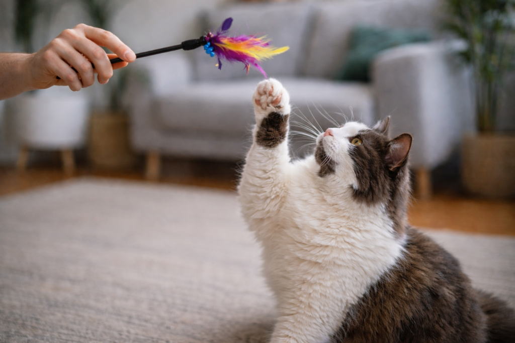 Gato brincando em casa com varinha interativa, durante cuidado domiciliar que mantém a rotina e o bem-estar felino.