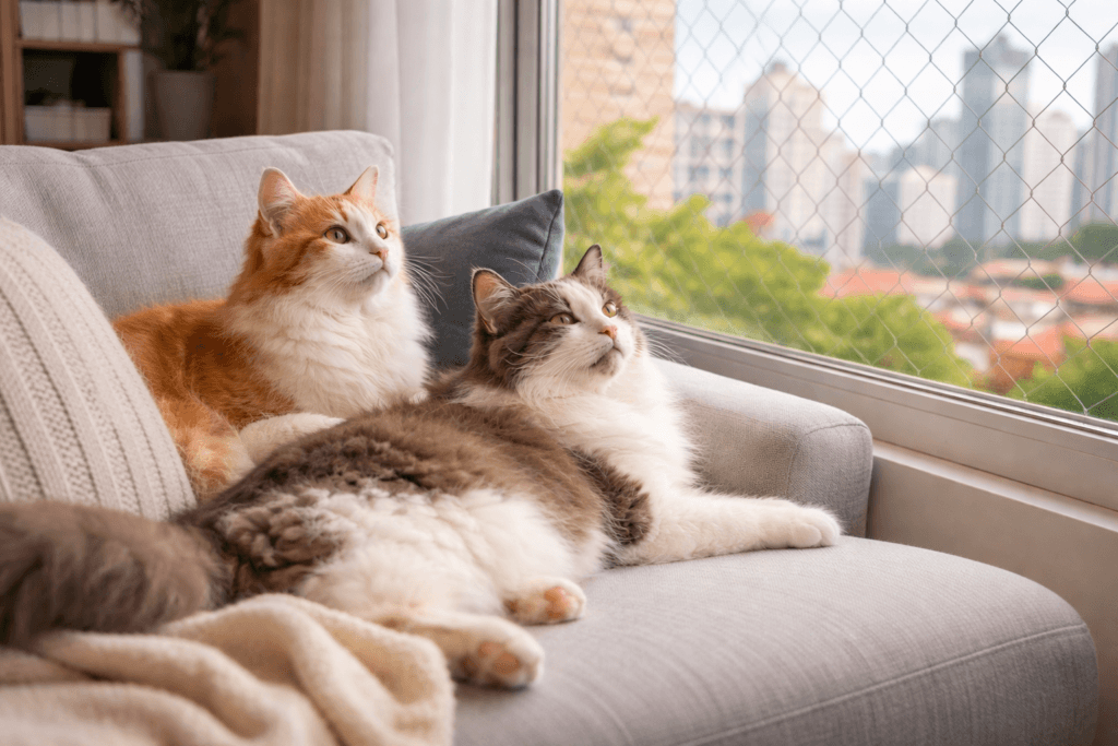 Gatos relaxados em apartamento em São Paulo, em ambiente doméstico seguro com tela de proteção.