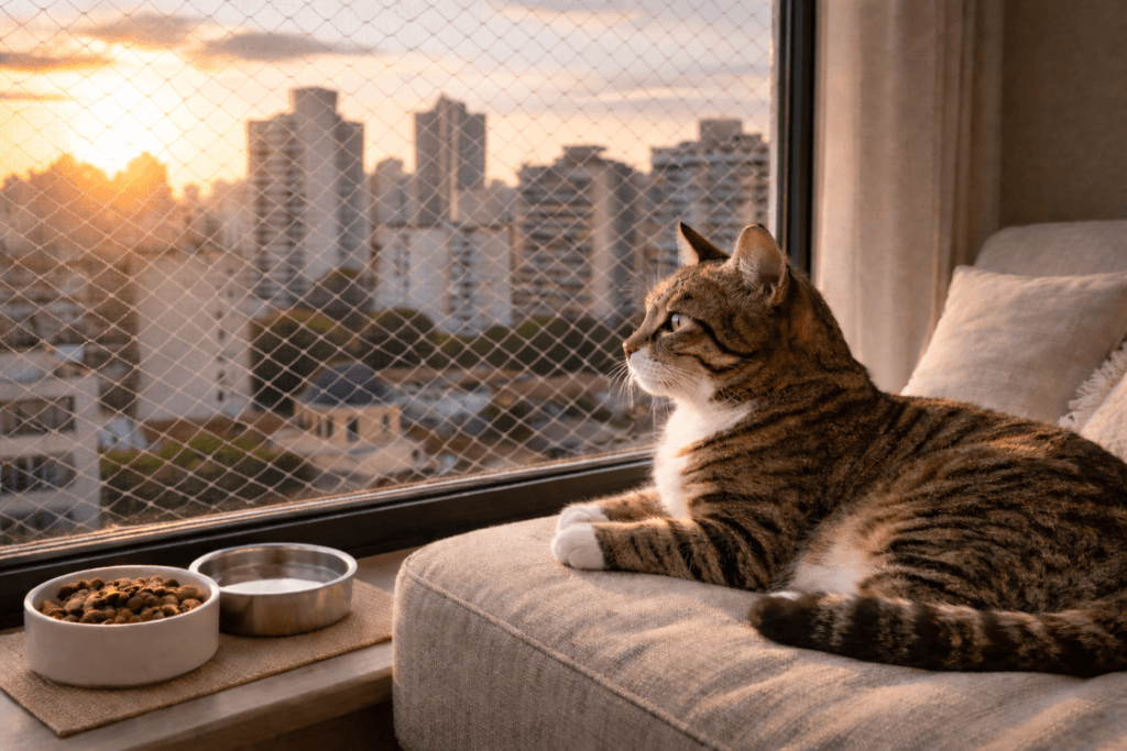 cat sitter em casa no centro de São Paulo cuidando de gato em apartamento com tela de proteção na janela