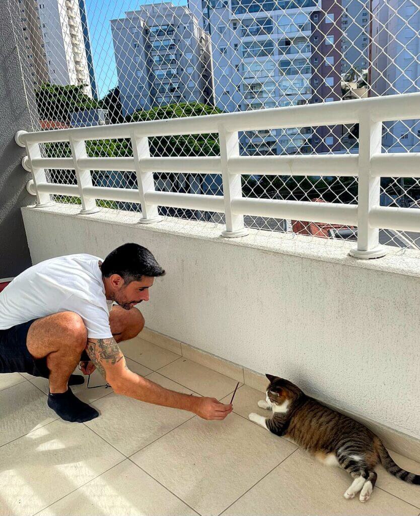 Cat sitter em São Paulo brincando com gato durante atendimento em casa