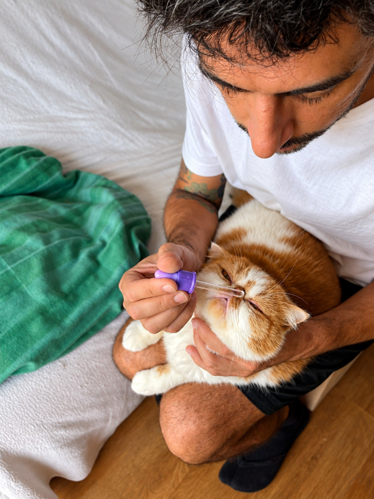 Cuidador administrando colírio a um gato Persa durante atendimento domiciliar.