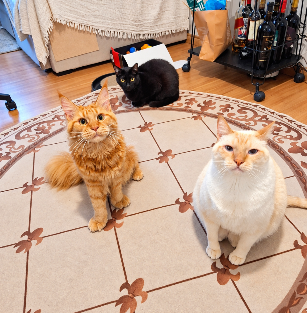 Cat sitter com três gatos durante atendimento domiciliar na Vila Mariana em São Paulo