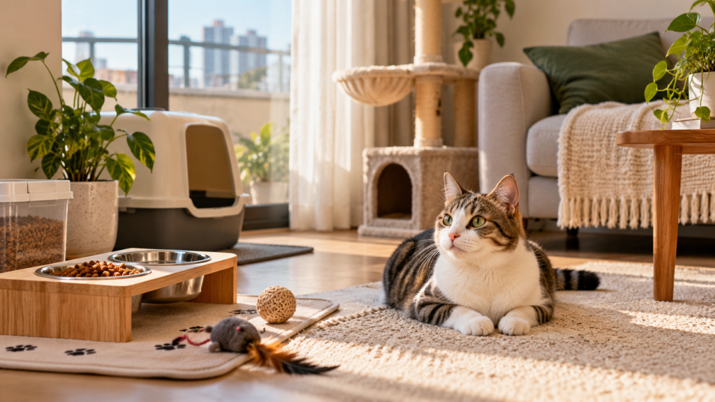 ato em apartamento organizado para receber um cat sitter durante a viagem do tutor